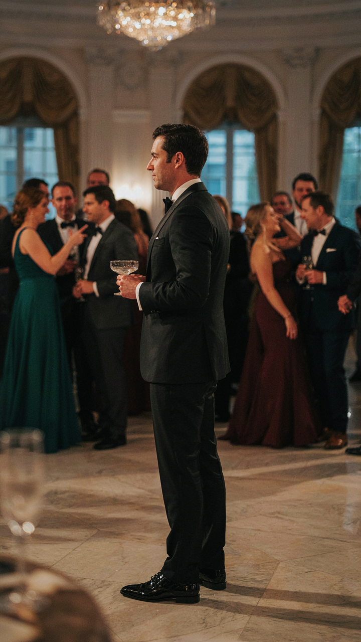 A man in a tuxedo, his black patent leather oxfords reflecting a ballroom floor.