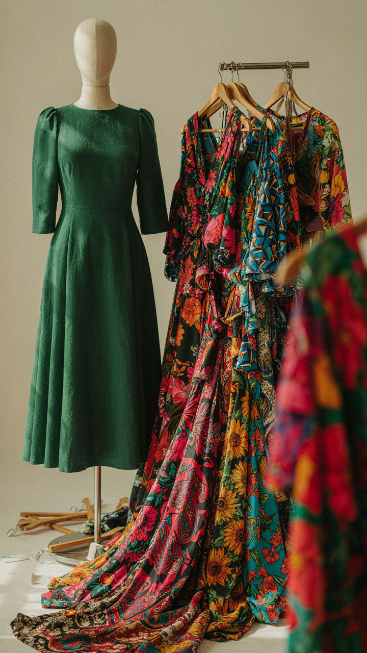 A structured wool tropical wedding guest dress stands out from many crumpled dresses.