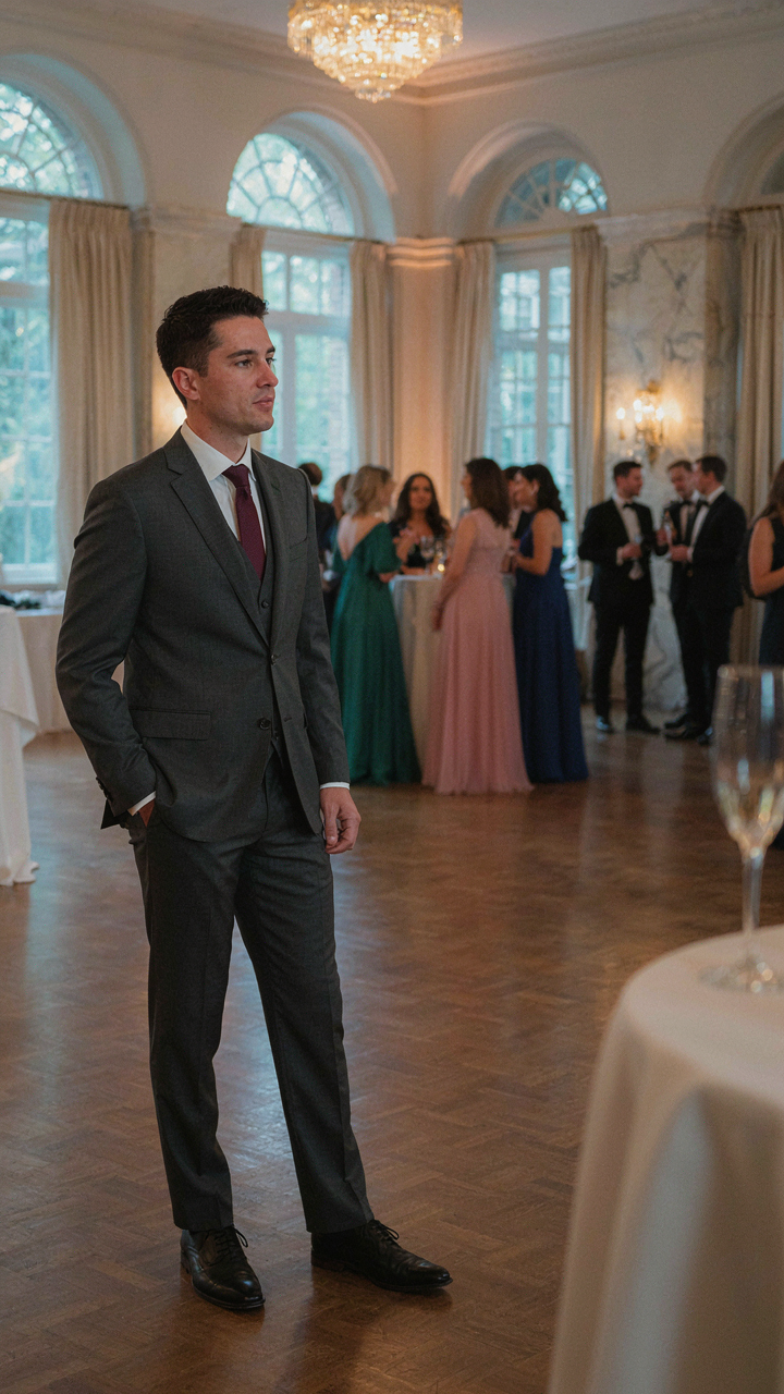 A man in a country club ballroom observes other guests dressed elegantly.