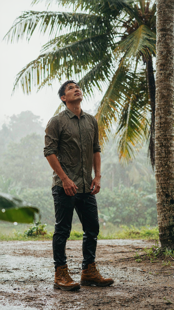 A traveler in a quick-drying shirt stands comfortably in a tropical downpour, dressed for the