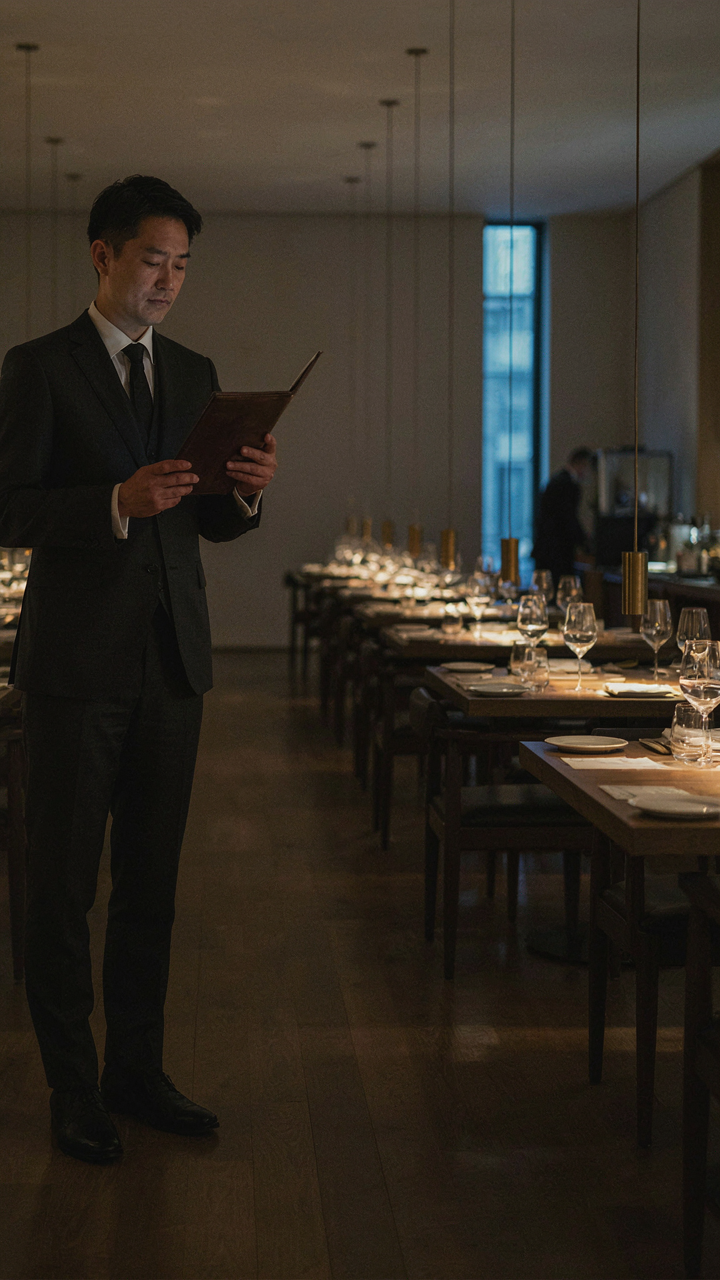 A sommelier stands in a high-end restaurant, illustrating the formal atmosphere.