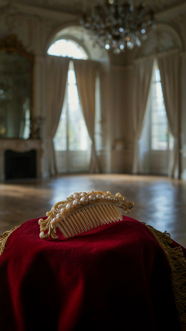 An ornate pearl comb shines in a grand ballroom setting.
