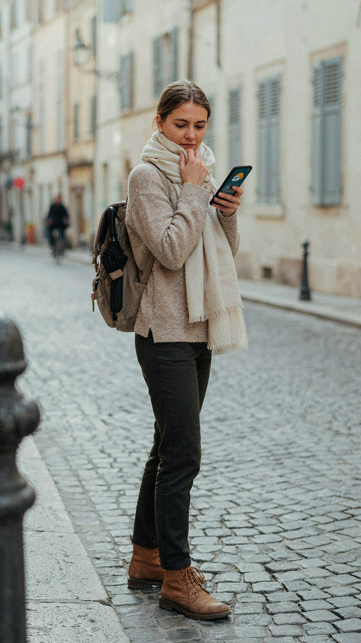 A traveler adjusts a merino wool scarf, with a weather app showing on a phone screen.