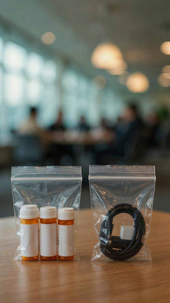 Two identical bags holding medication and a phone charger for redundancy.