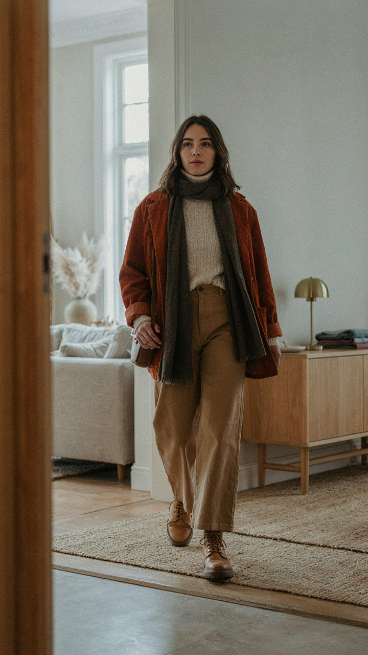 Person testing layered clothing by moving from a warm room to a cool room.