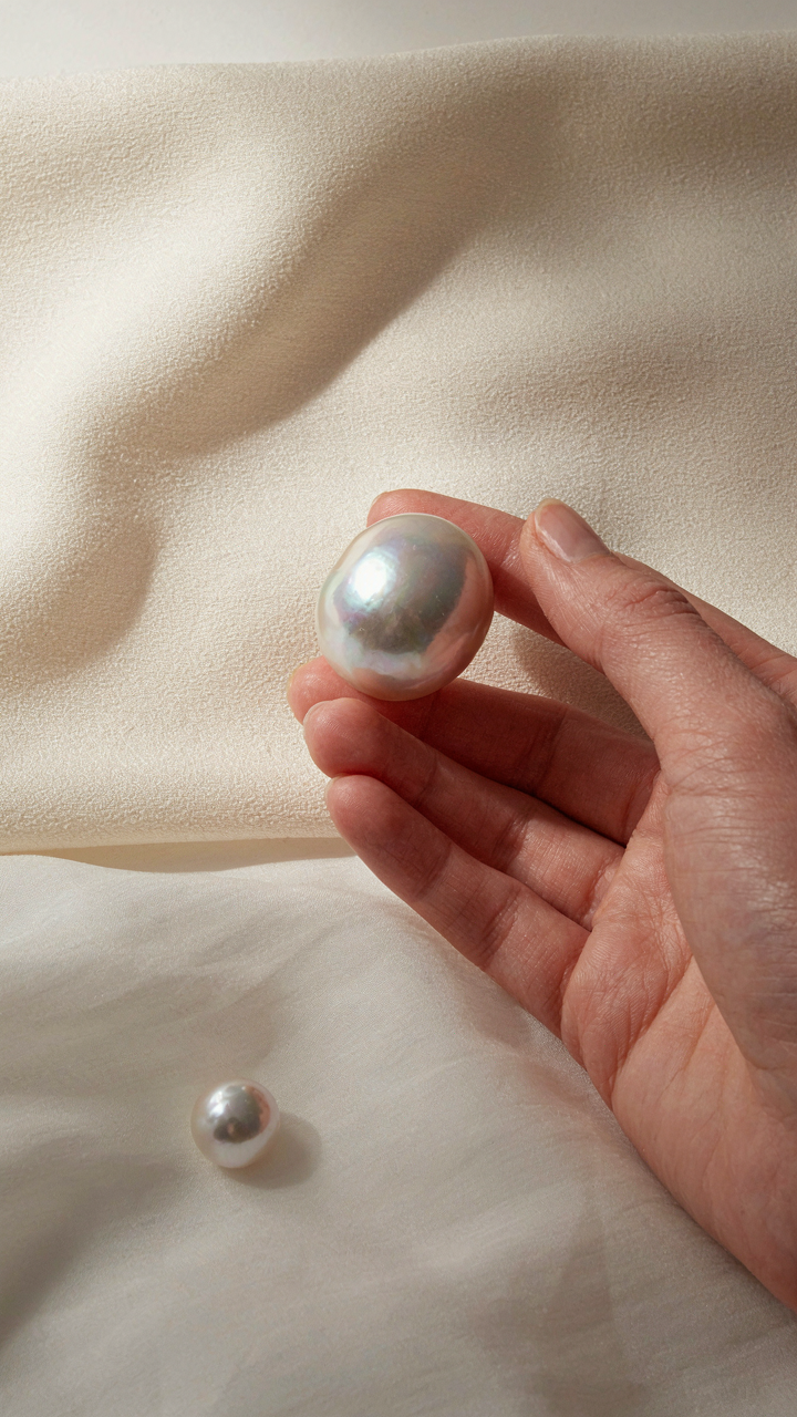 A large pearl contrasts with matte fabric, a small pearl with sheer fabric.