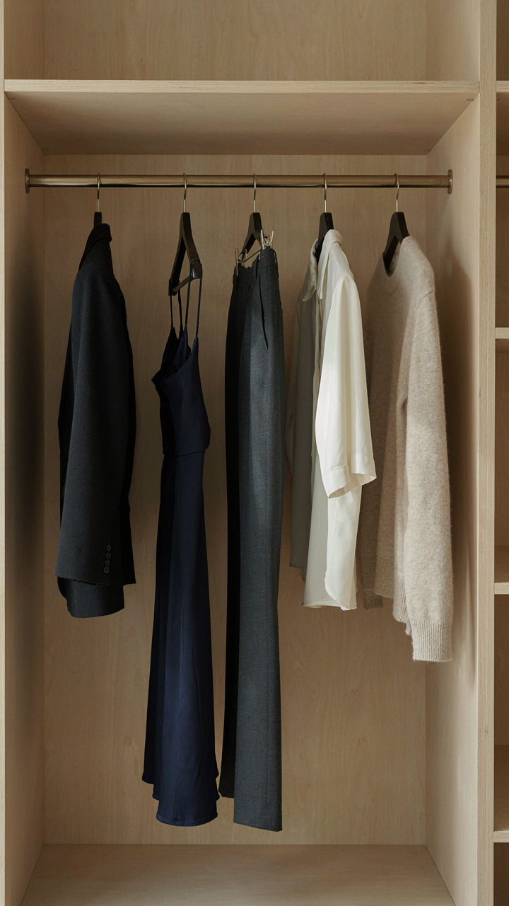 A minimalist closet holds a black blazer, navy dress, charcoal trousers, and two tops.