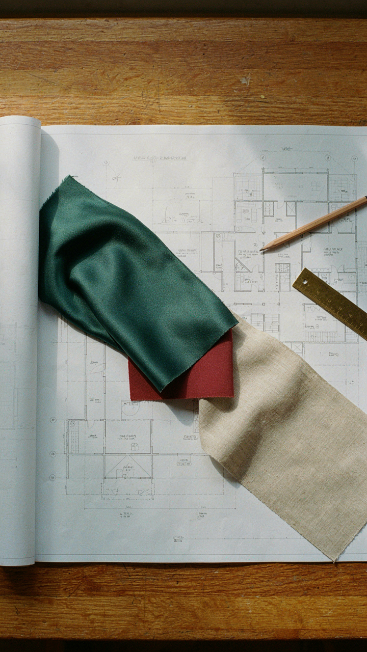 Architect's blueprint with satin and matte fabric swatches.