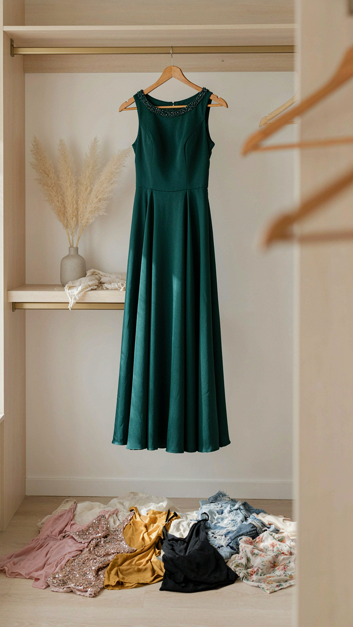 A high-quality party dress hangs above a pile of worn-out cheap clothes.