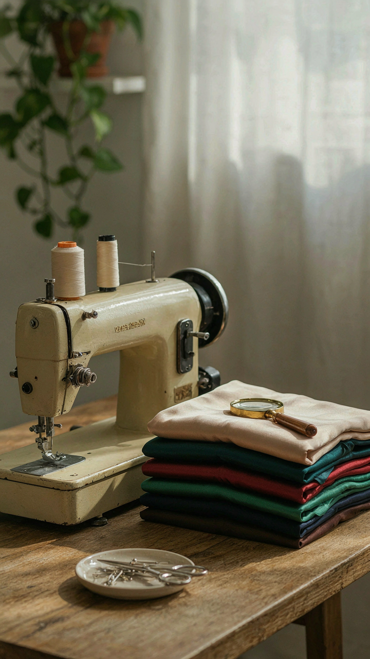 A sewing machine next to a stack of a line cocktail dresses, examining seam quality.