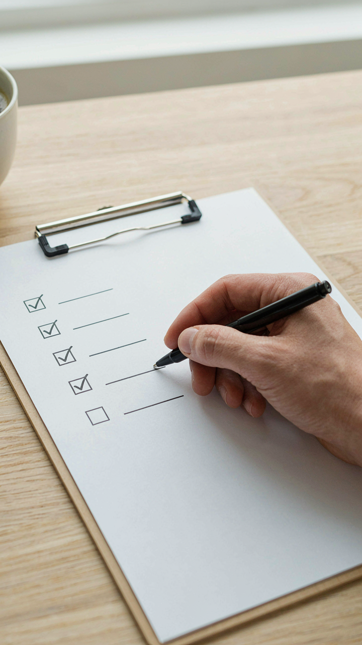A hand checks items on a minimalist checklist.