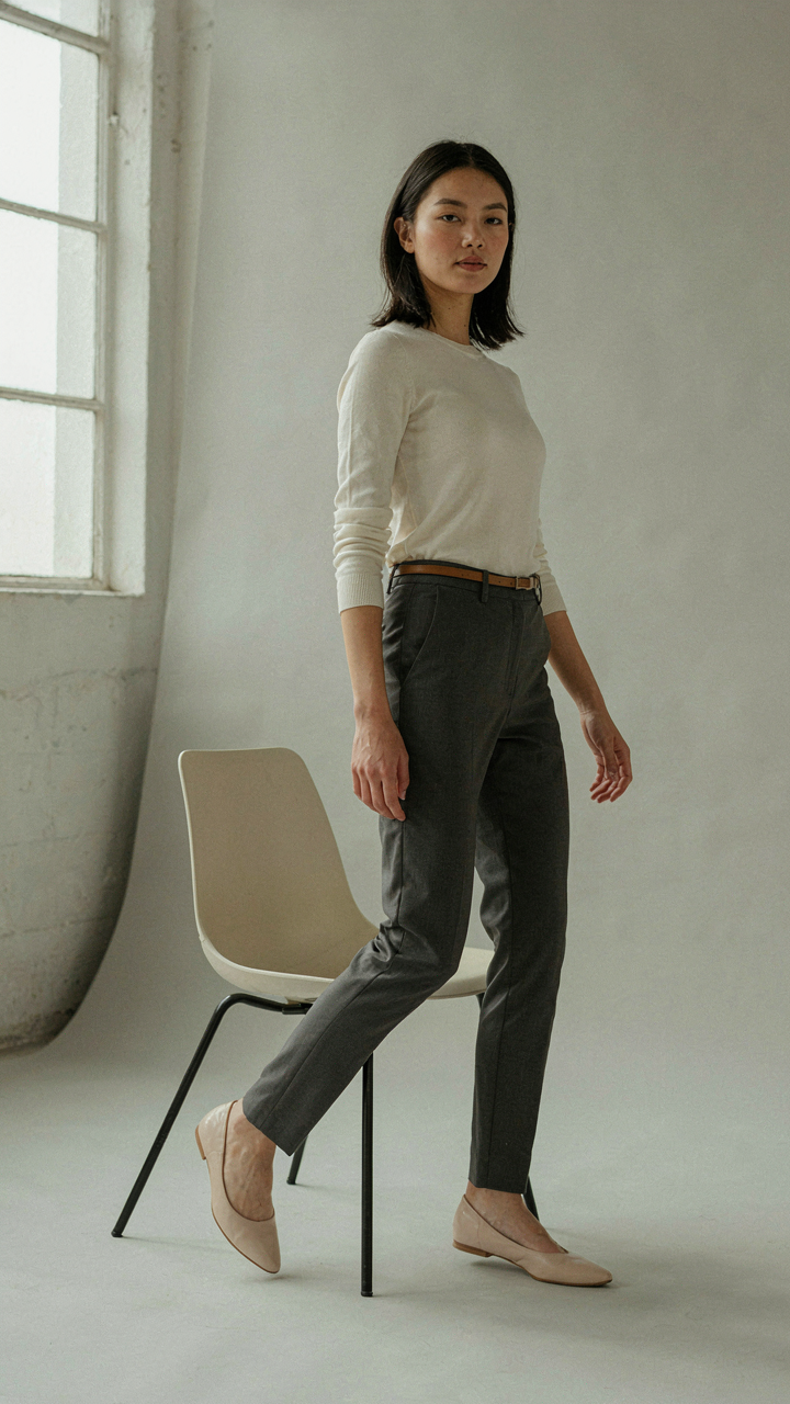 Person sits and stands, showing a perfectly fitted, wrinkle-free outfit.