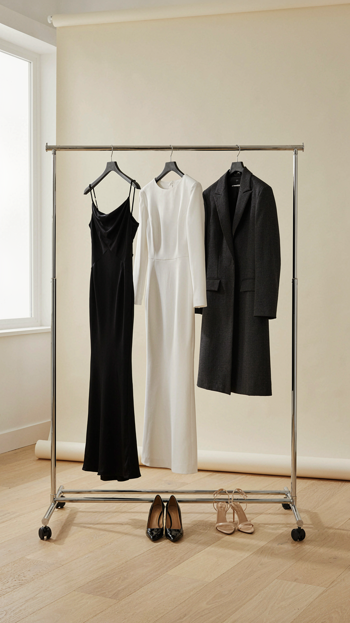 A black tie capsule wardrobe with gowns, a coat, and shoes on a rack.