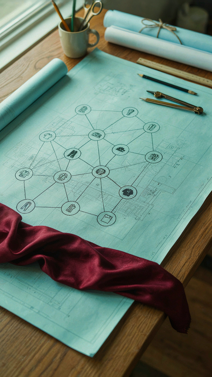A detailed network diagram on a blueprint showing connections between items.