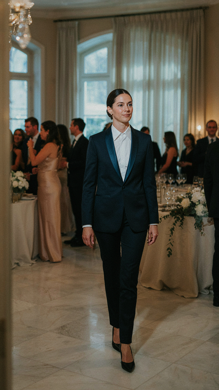 Woman in a tailored midnight blue tuxedo jacket walking confidently.