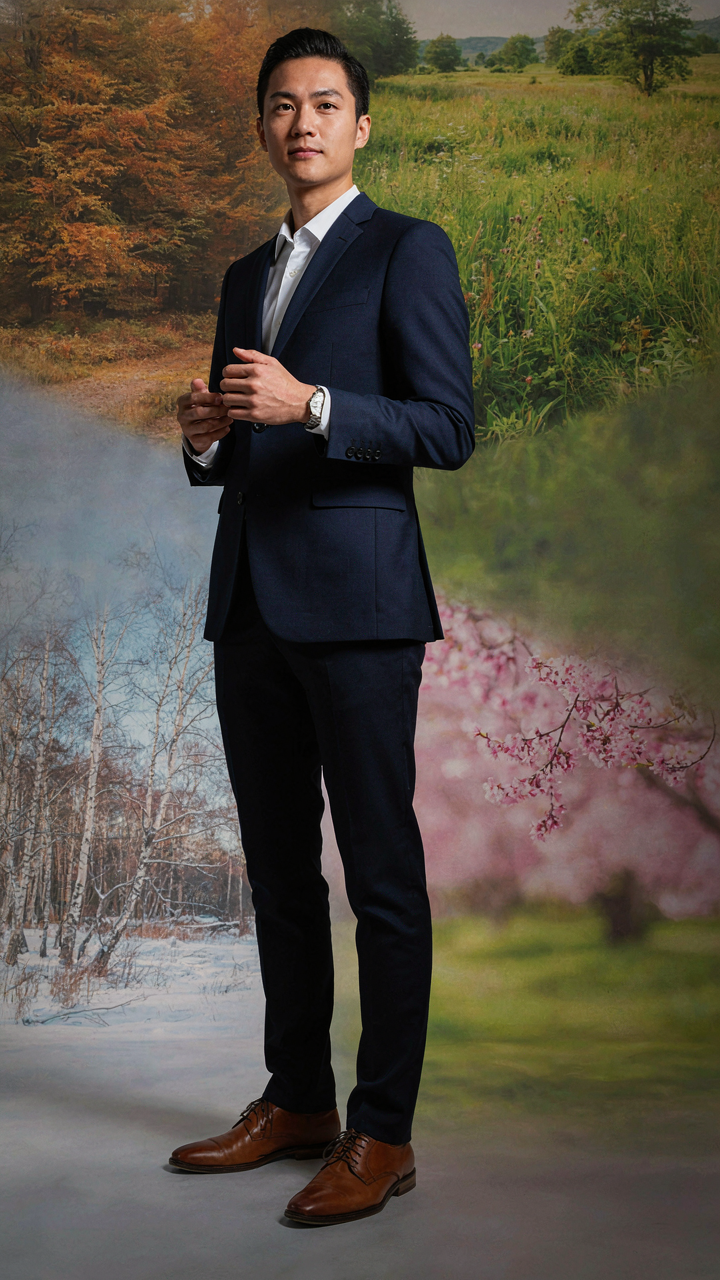 A person stands confidently in a navy blazer and tailored trousers.