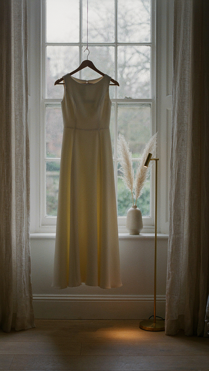A classic cotton blend dress hangs perfectly under both daylight and indoor lights.