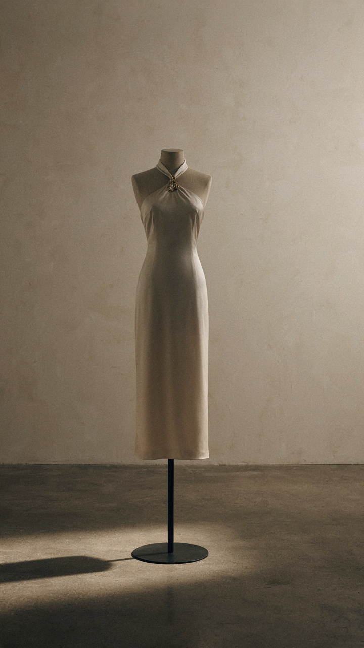 Minimalist design studio with a halter dress showing precise construction.