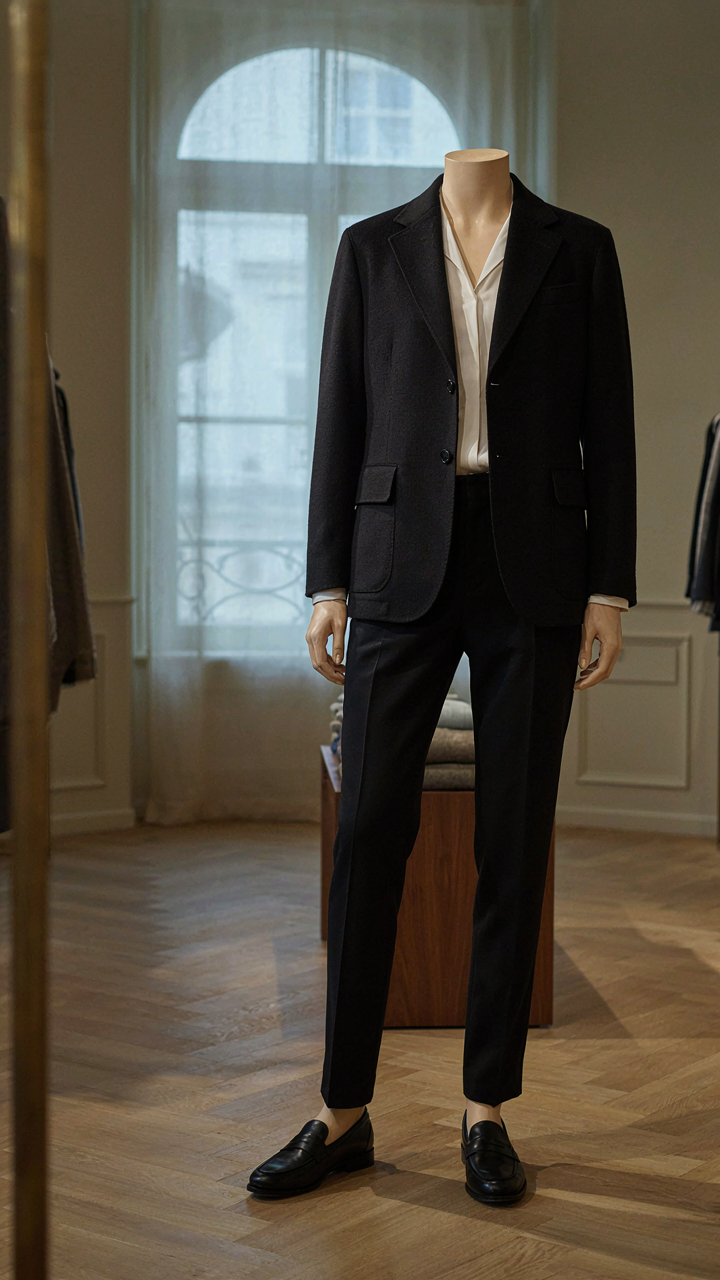 A black blazer, white camisole, and black trousers on a mannequin.