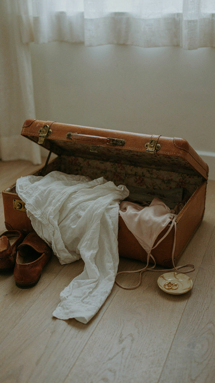 Wrinkled linen shirt and silk camisole spilling from an unpacked suitcase.