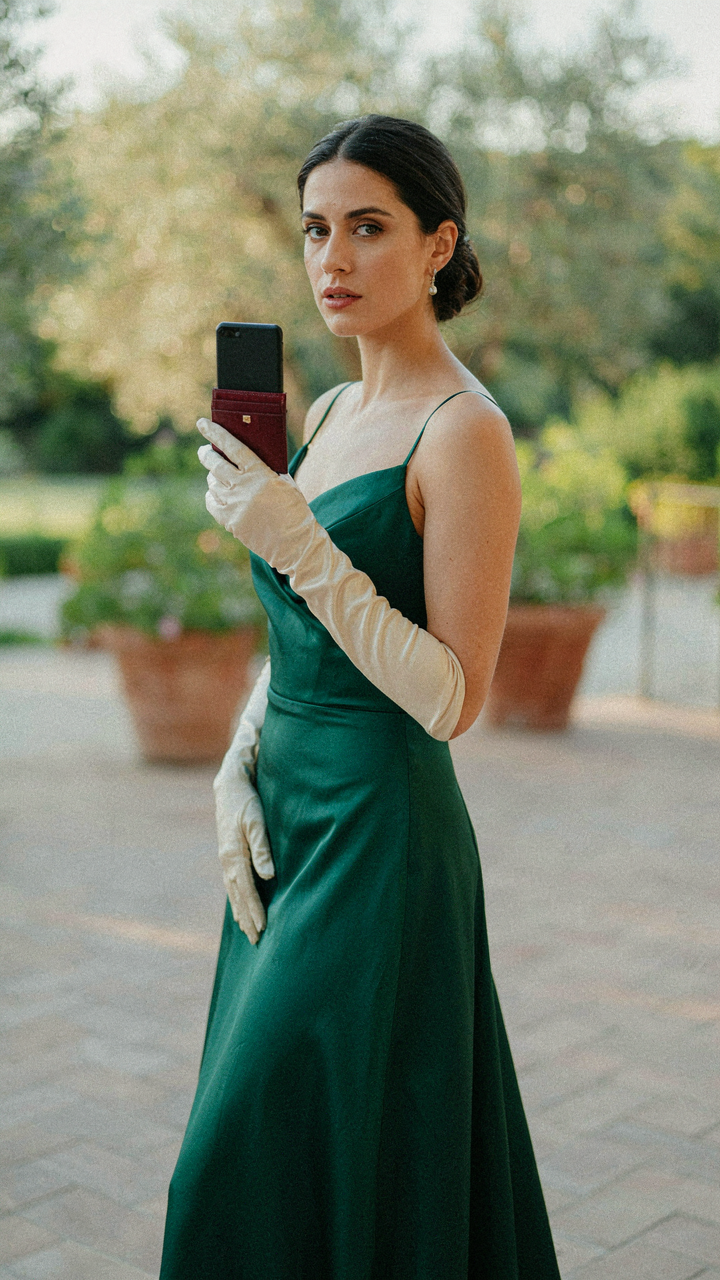 A woman in an evening gown holds a phone and card holder, no handbag.