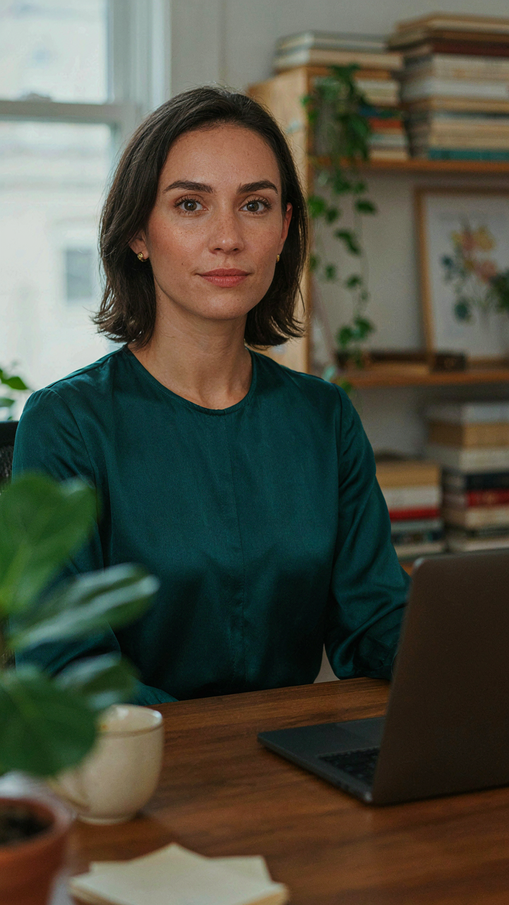 A woman in a structured, jewel-toned top during a video conference call.