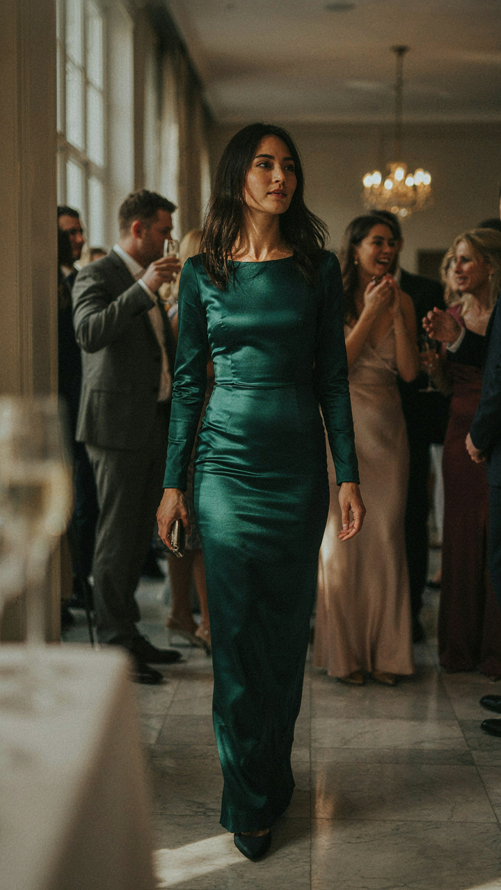 Woman in a fitted cocktail dress walks through an event, showing movement.