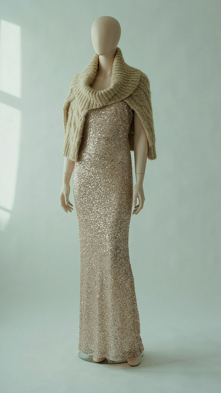 Chunky knit cardigan draped over a long sequined cocktail dress.