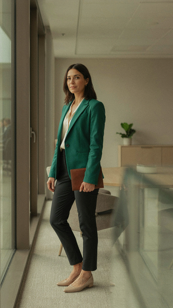 Woman in a vibrant jewel-toned blazer standing out in an office.