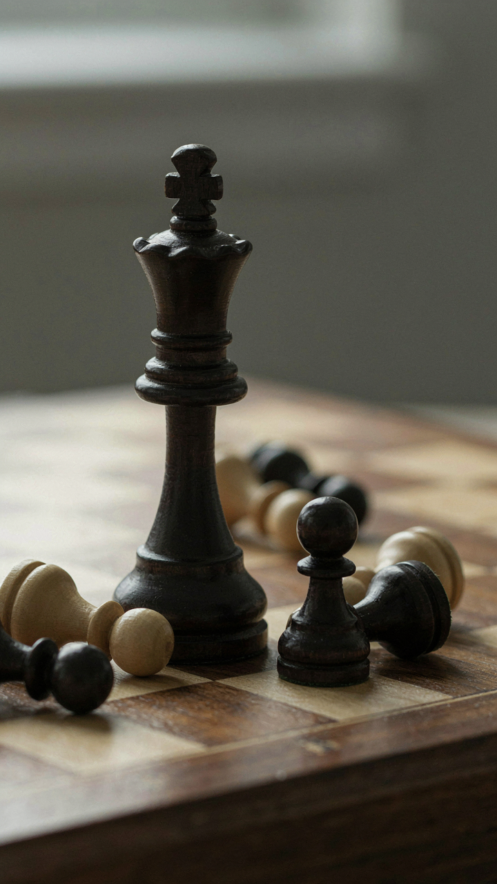 A chess queen piece stands dominantly on a chessboard, surrounded by fallen pawns.