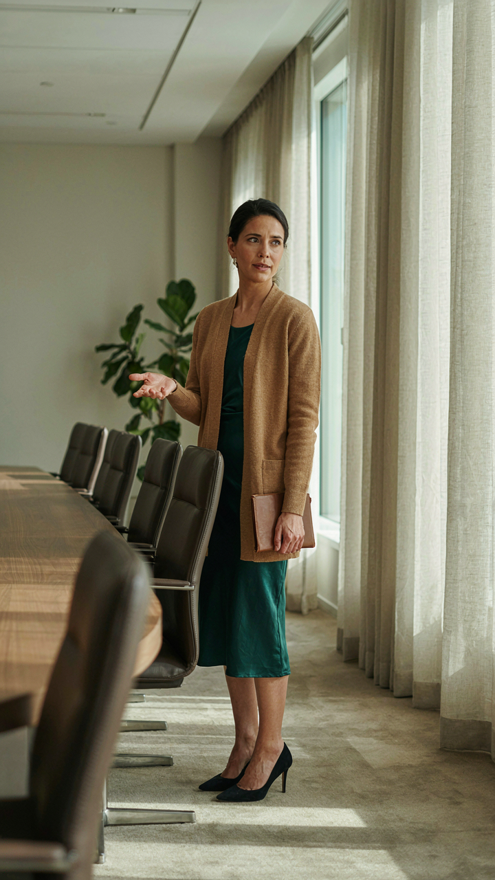 A woman in a cardigan over cocktail dress stands confidently in a meeting room.