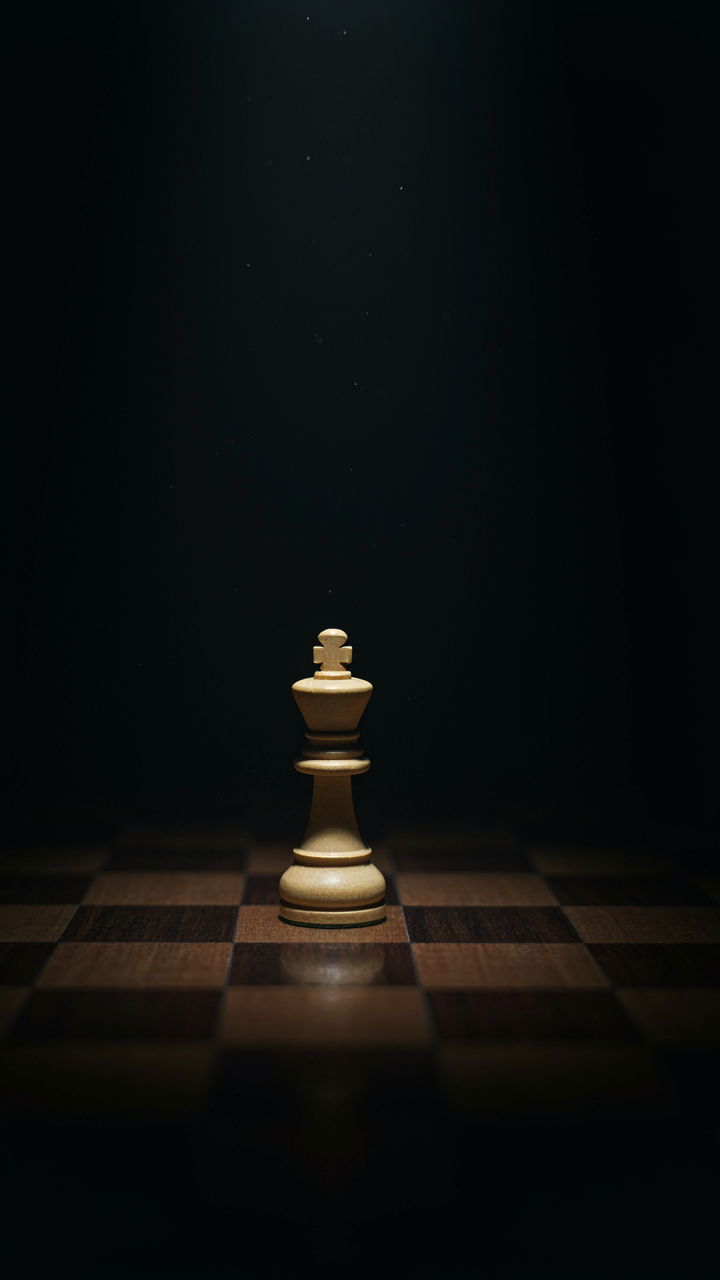 A spotlight shines on a lone chess king on a dark board.