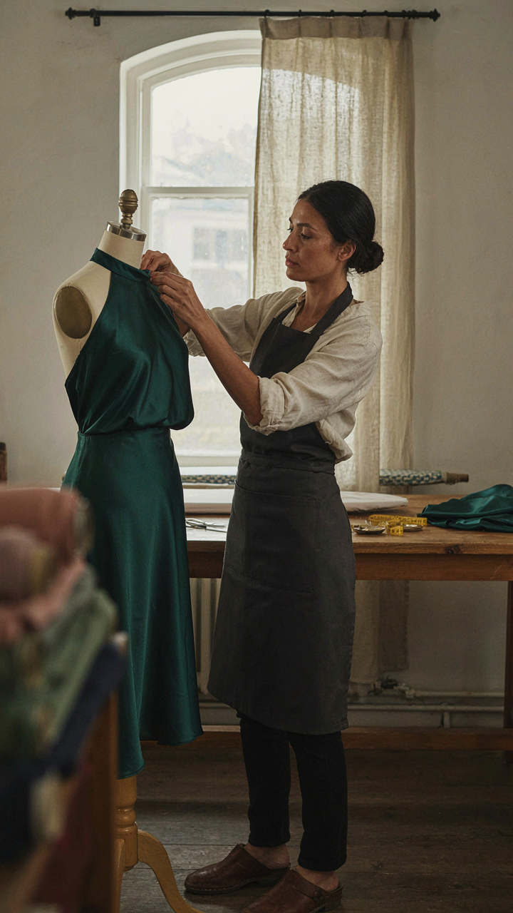 Tailor adjusting the drape of a silk charmeuse halter neckline on a mannequin.