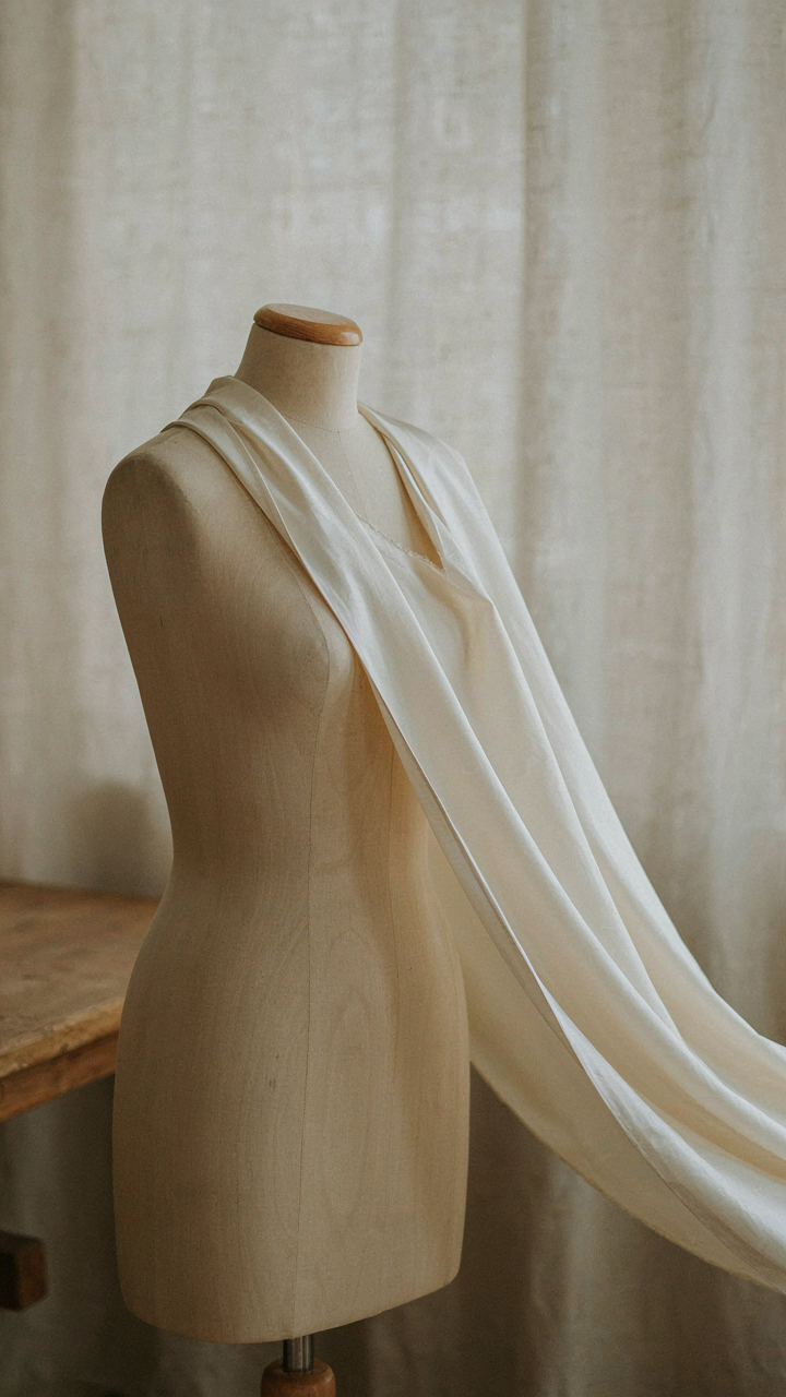 Beautiful silk fabric is draped and folded over a dress form.