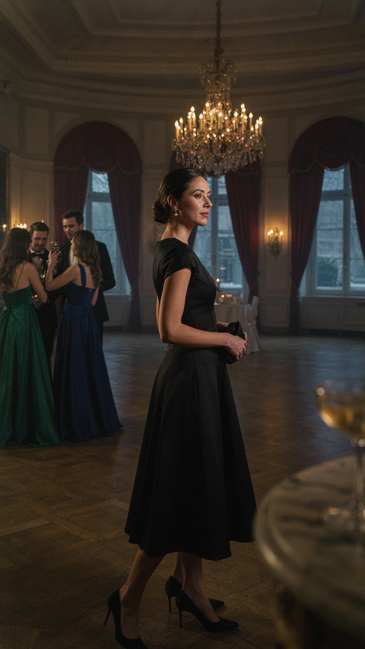 A woman in a dark midi cocktail dress observes a formal ballroom event.