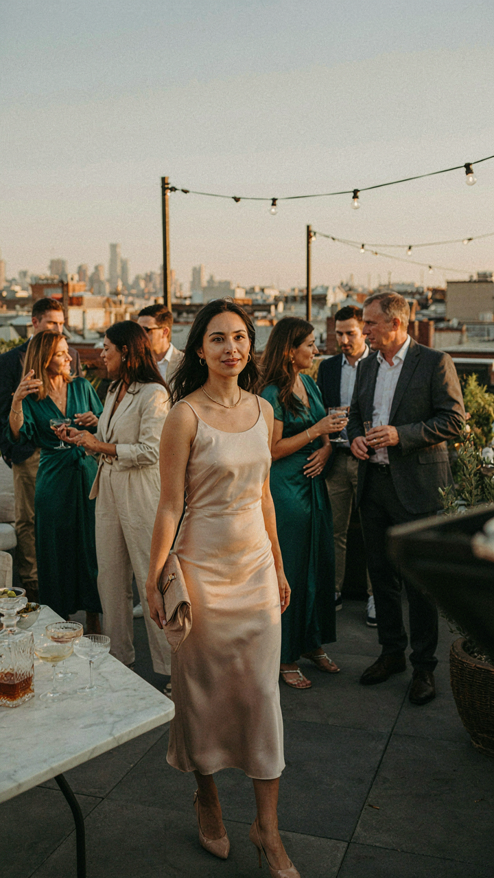 A woman in a midi dress confidently enters a semi-formal event.