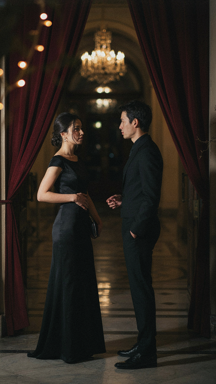 Two guests, one in a gown and one in a jumpsuit with sleeves, at a formal event.