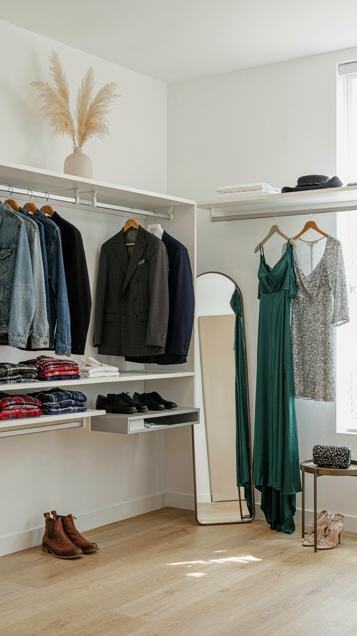 An organized closet with clothing sections for different dress codes.
