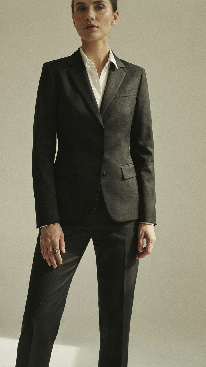 Close-up of a woman's perfectly tailored dark suit with a single elegant ring.