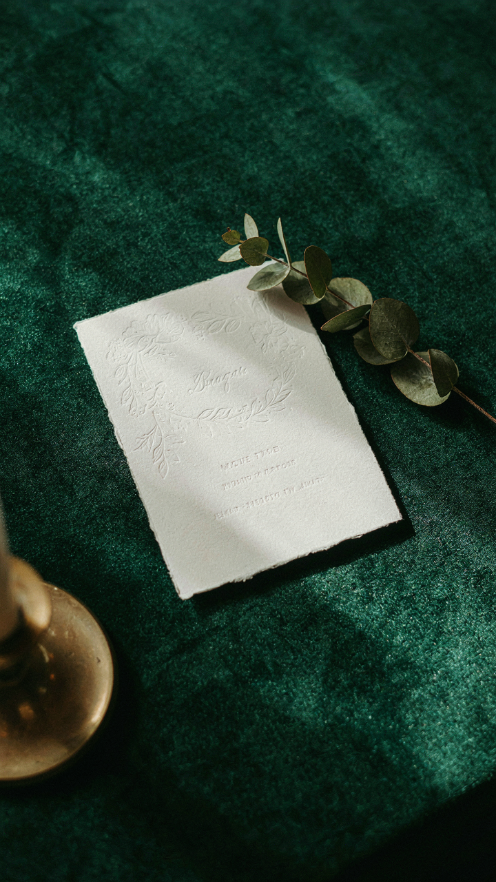 An elegant wedding invitation card resting on a rich fabric surface.