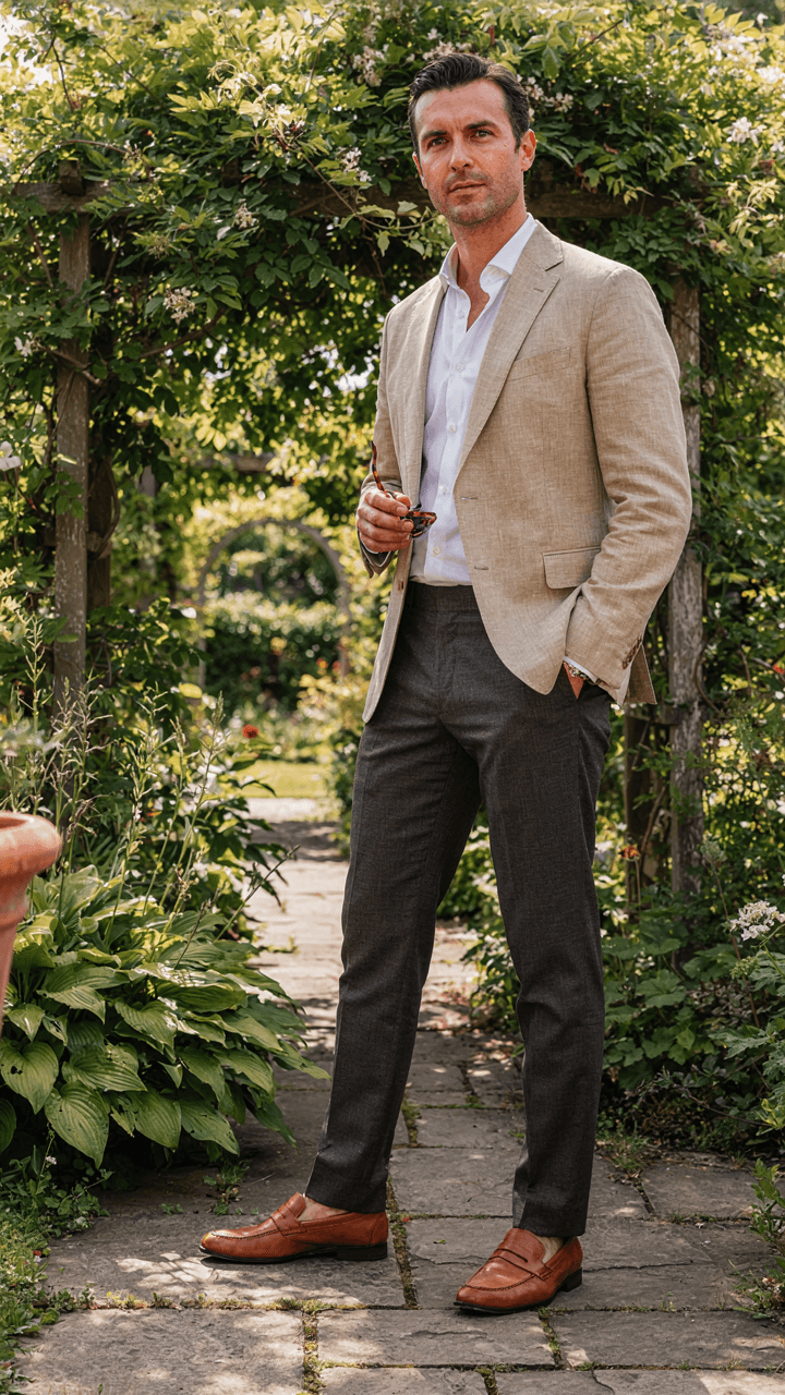A man in a linen blazer stands elegantly in a sunny garden.