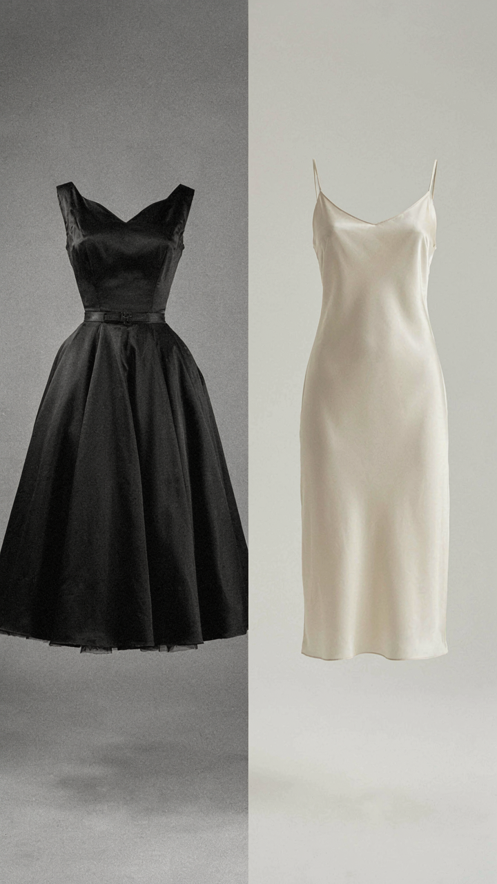 Vintage black and white photo of dresses next to a modern runway silhouette.