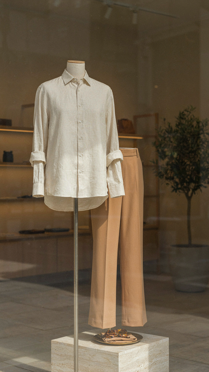 A tailored cream linen shirt and high-waisted trousers on a mannequin in a window.