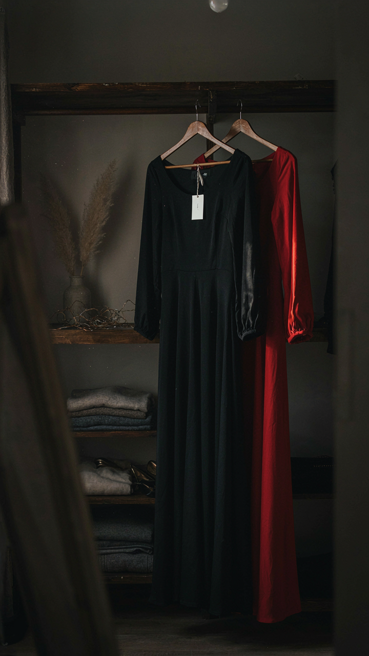 Two unworn, expensive dresses hanging in a dark, cluttered closet.