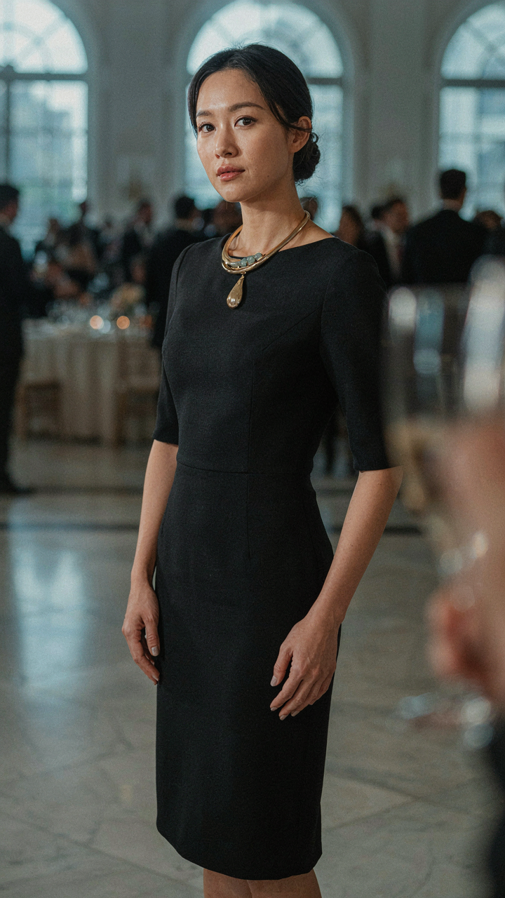 A woman in a tailored dark dress wears one striking, unique statement necklace.