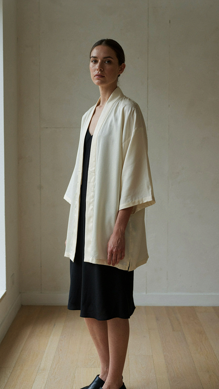 A woman in a silk kimono jacket and black slip dress with a structured heel.