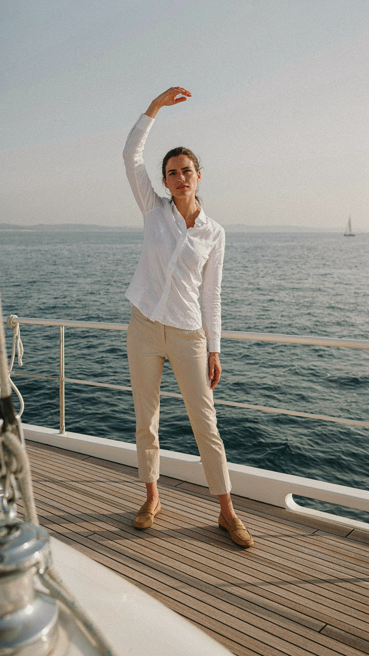 Woman in tailored linen outfit tests movement on a yacht deck.