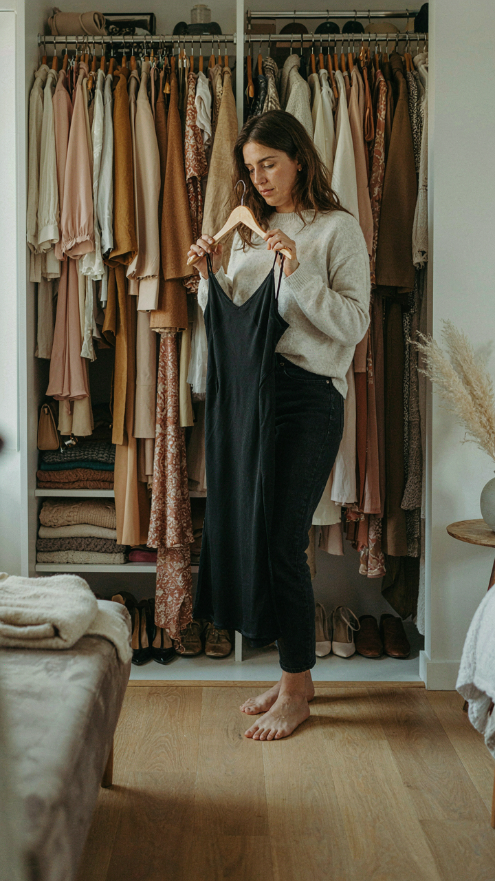 A woman looks at a simple black dress, considering her wardrobe choices.