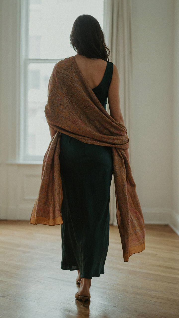 A woman wears a patterned silk shawl draped asymmetrically over her back.