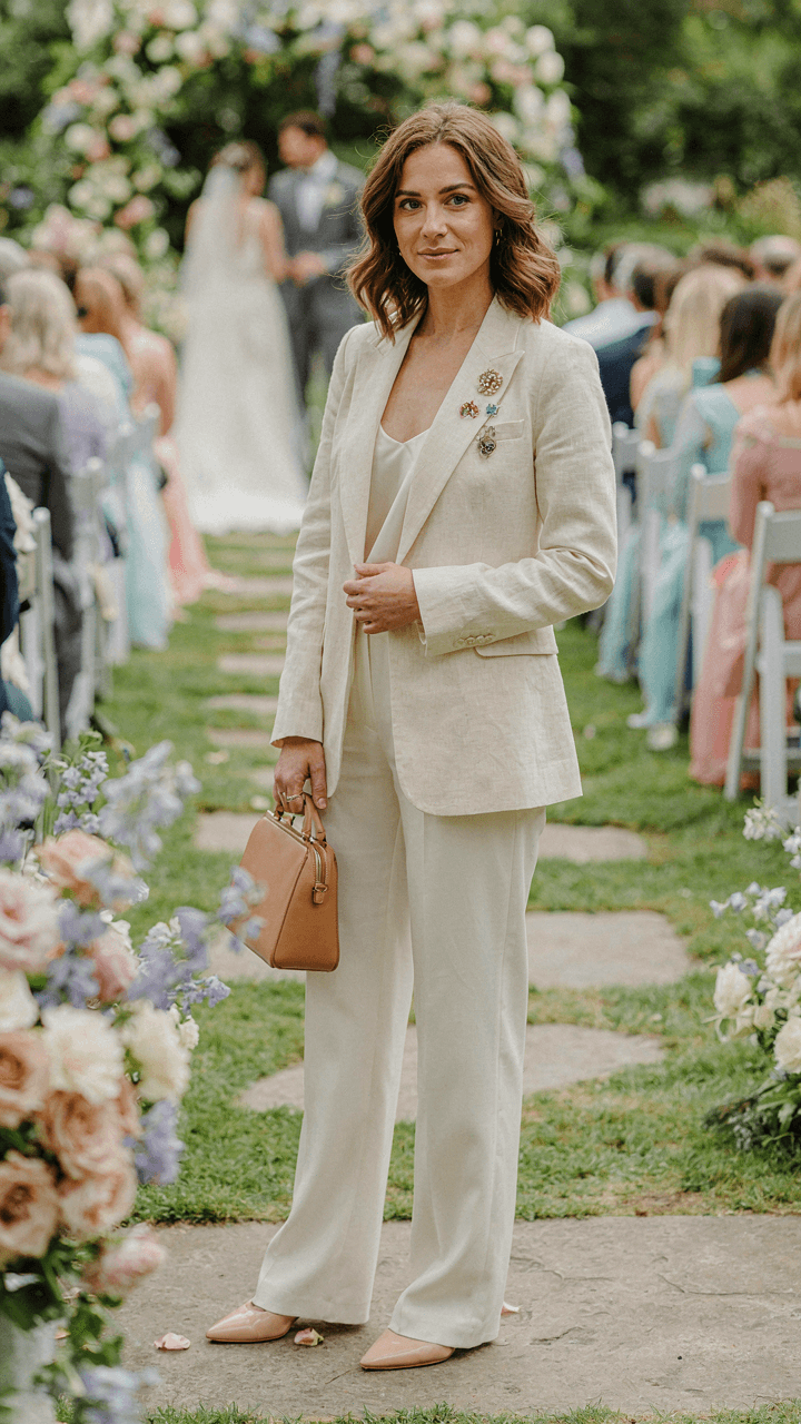 Woman wears a fitted linen blazer with tailored trousers and vintage brooches.